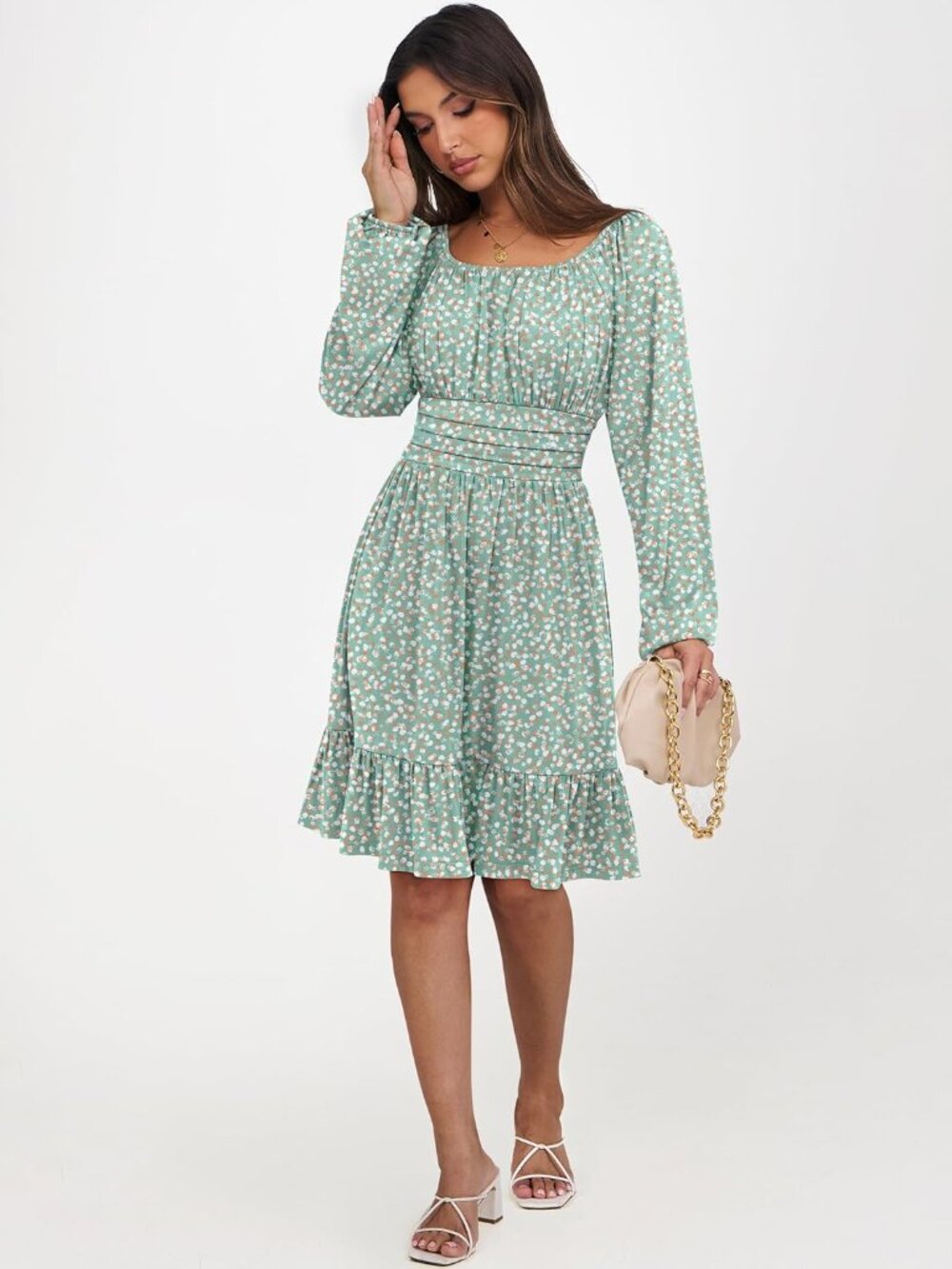 Women's Orange White Long Lantern Sleeve Ruffle Flowy Swing A-Line Short Dress - Picture 6 of 6